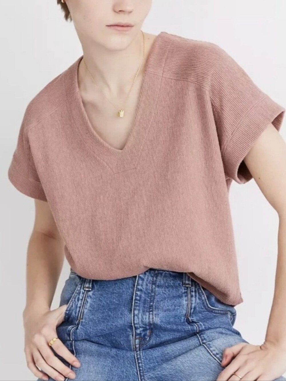 Madewell Dusty Rose Ottoman Jacquard V-neck Short Sleeve Top size XS
